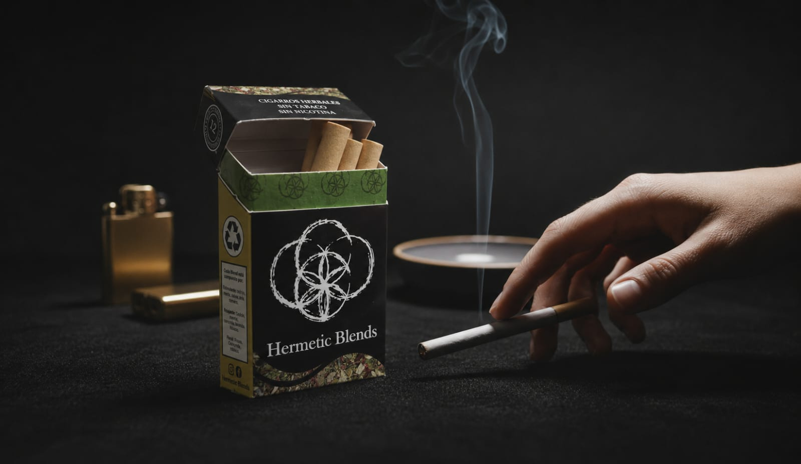 cajetilla abierta de cigarros herbales hermetic blends